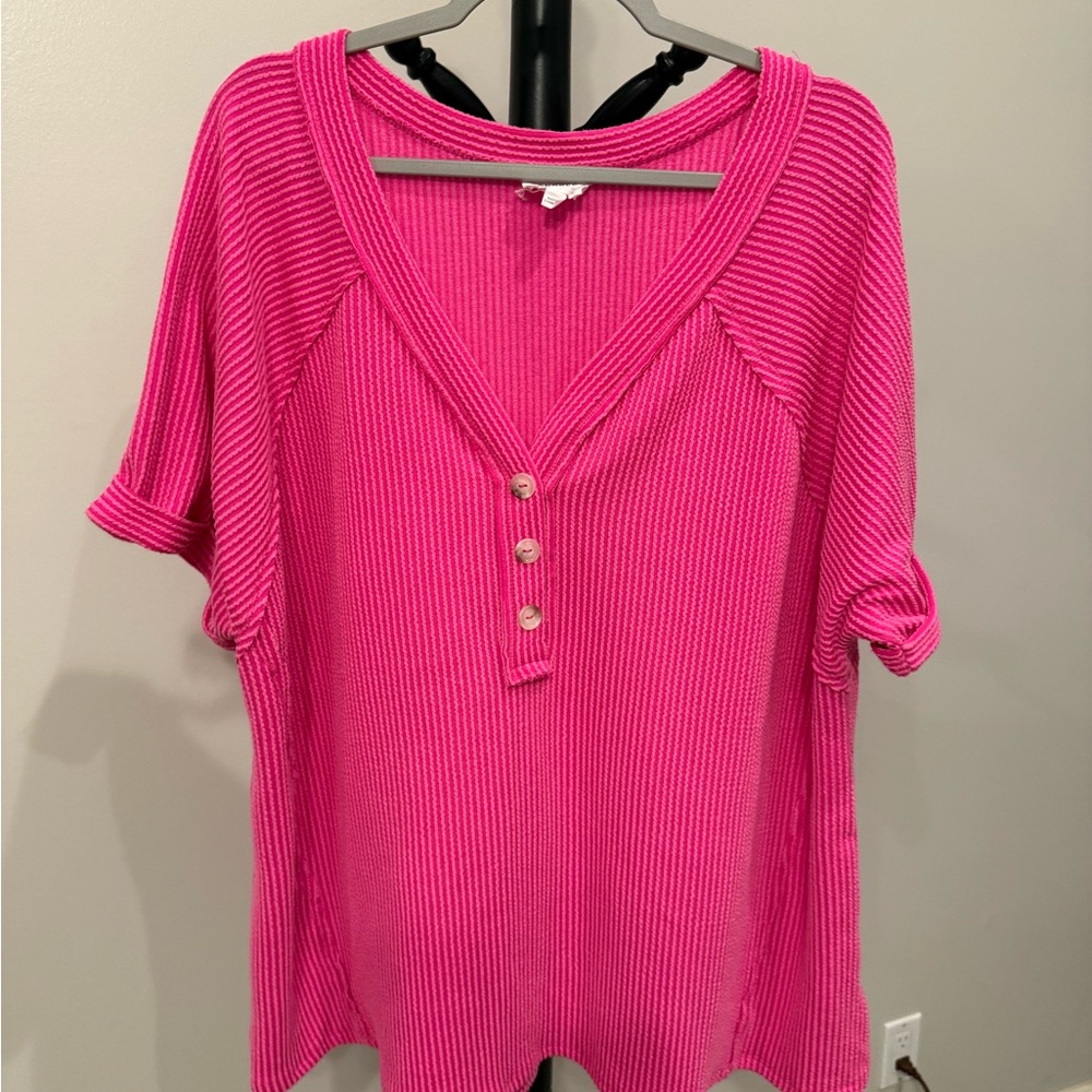 Pink Ribbed Button-Down Women's Top